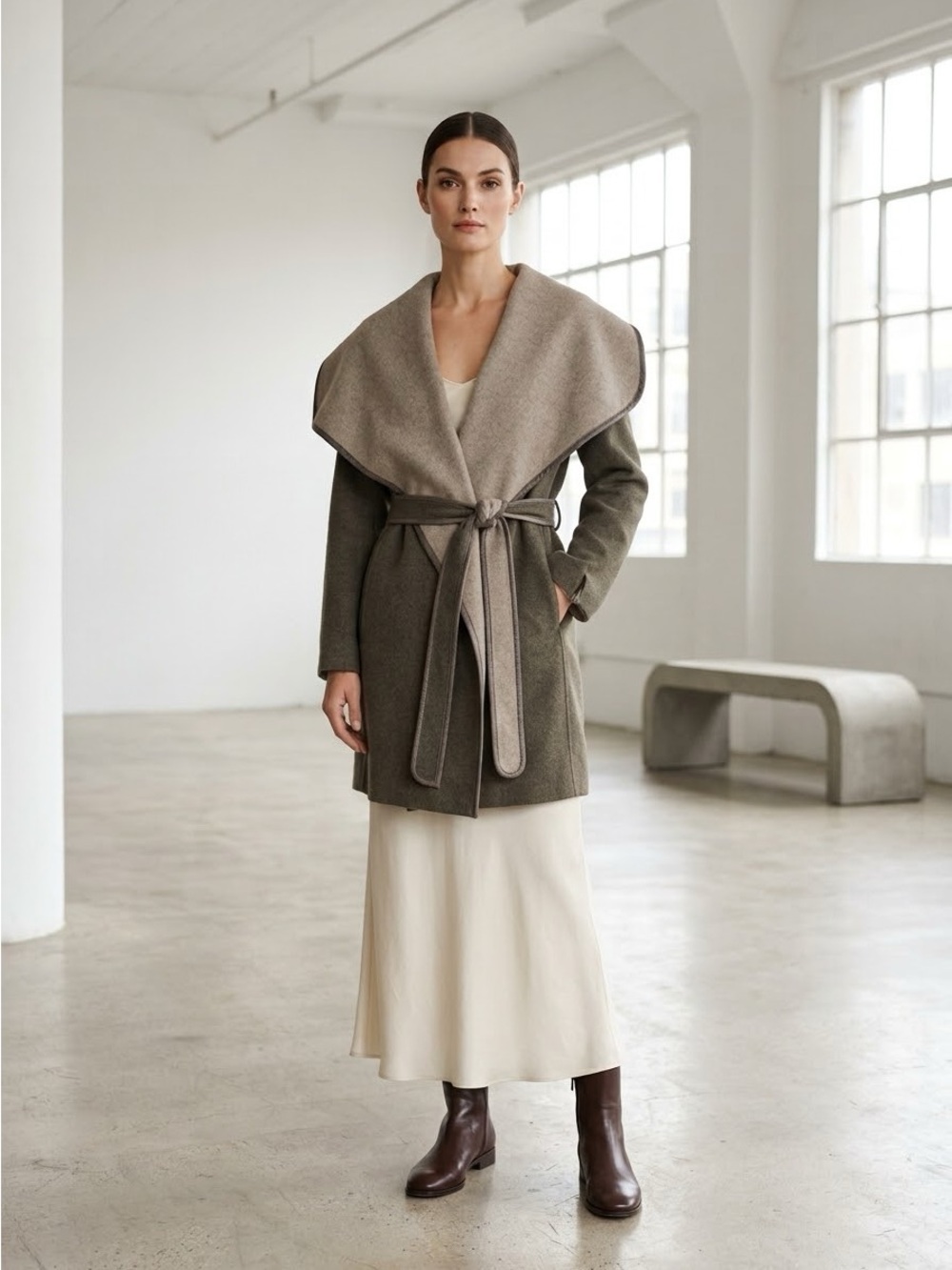 Vince taupe wool shawl collar wrap coat with leather trim - XS